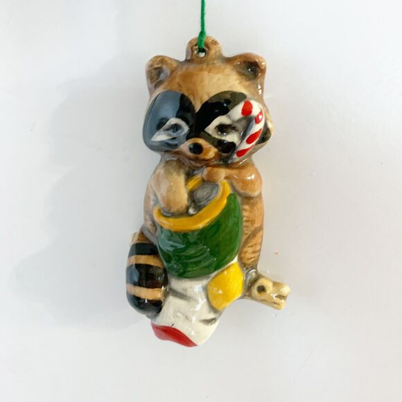 Vintage Raccoon Holding Stocking Ornament Ceramic Christmas - Picture 3 of 4